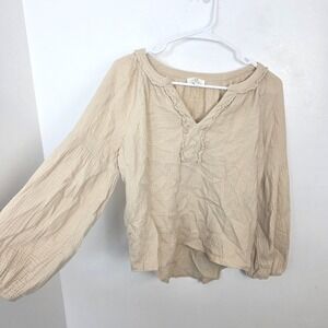 P‎ Cill Cream Gauze 100% Cotton Balloon Sleeve Cottagecore Peasant Blouse Size M